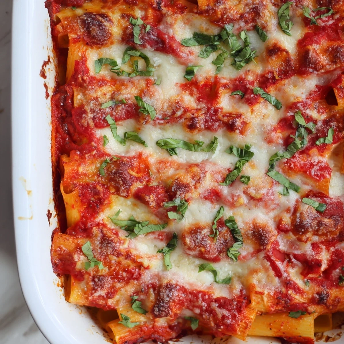 Steaming, bubbly One-Dish Baked Ziti with golden mozzarella and Parmesan crust, ready to serve.