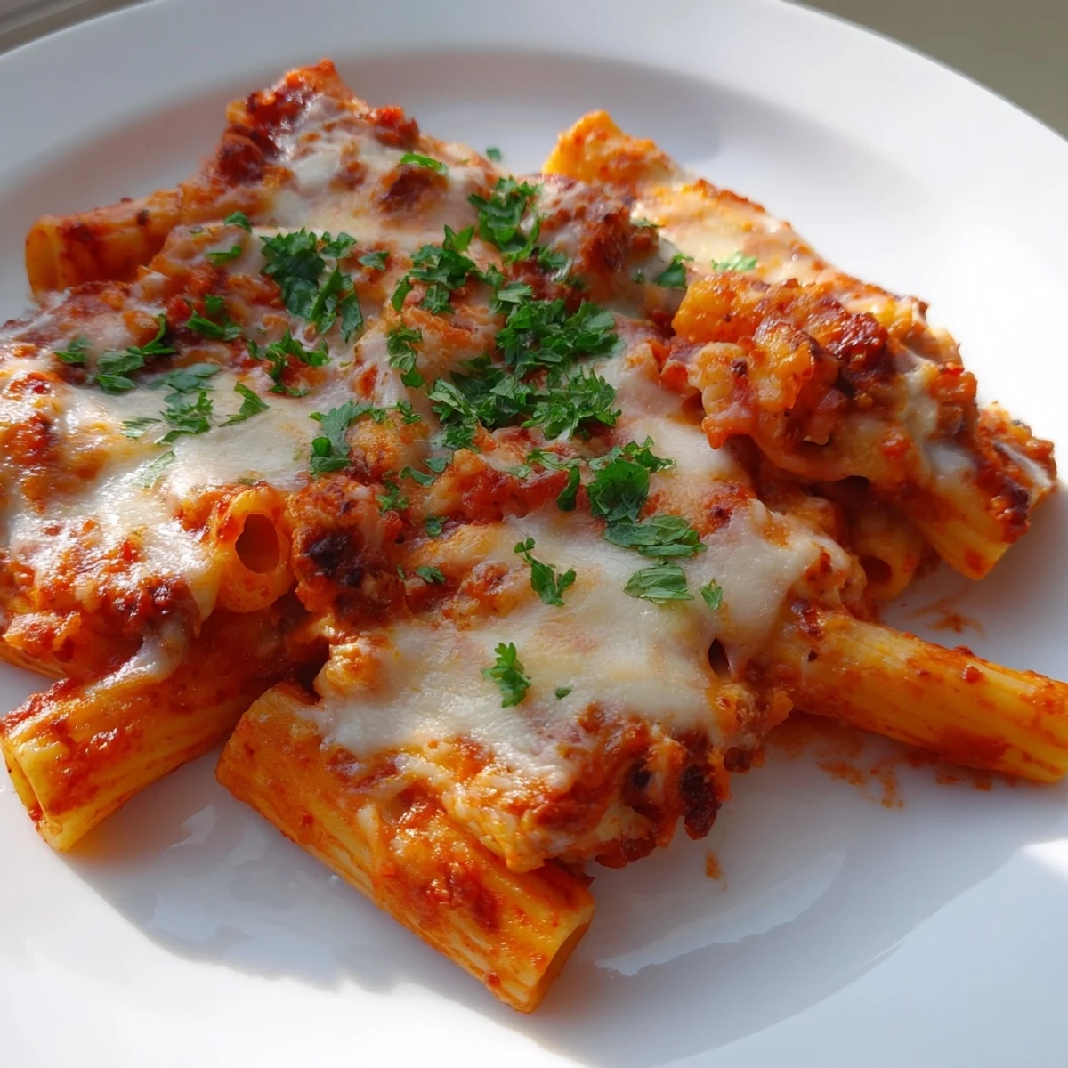A close-up of cheesy One-Dish Baked Ziti, showcasing the creamy ricotta and layered textures.