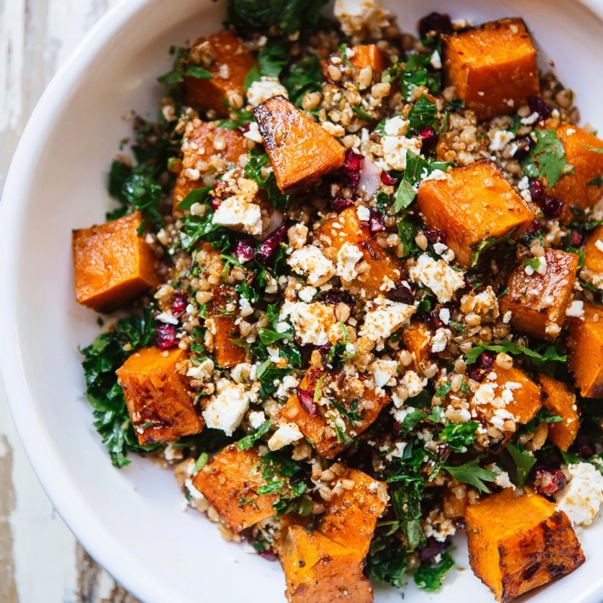 This warm Harvest Grain Bowl presents tender pumpkin and kale atop flavorful farro with a tangy dressing.
