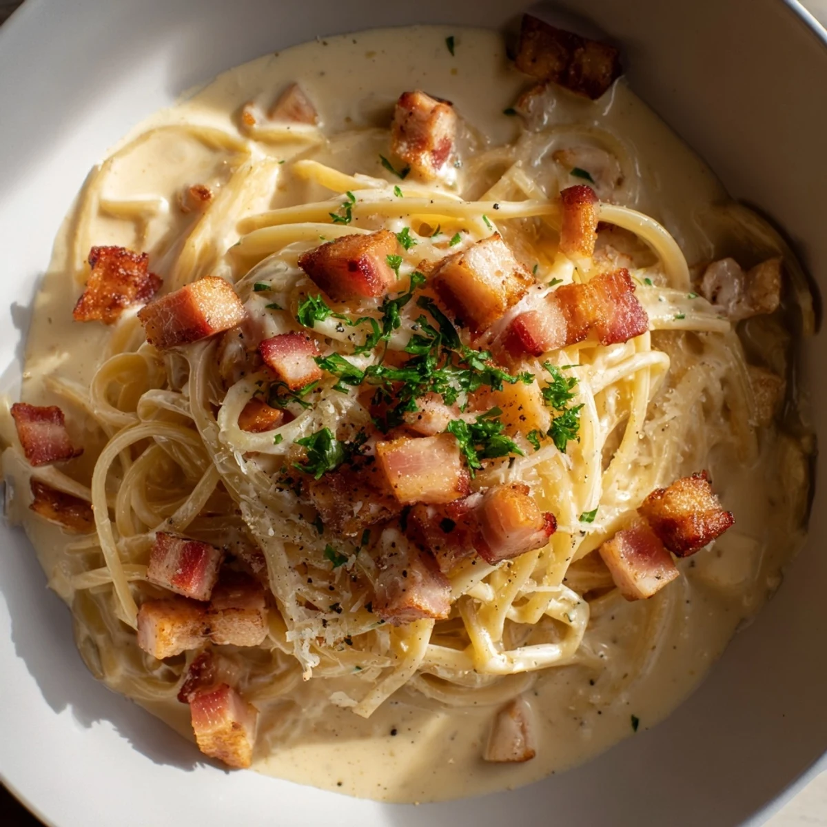 Golden strands of spaghetti coated in creamy sauce, a perfect 15-Minute Creamy Carbonara.