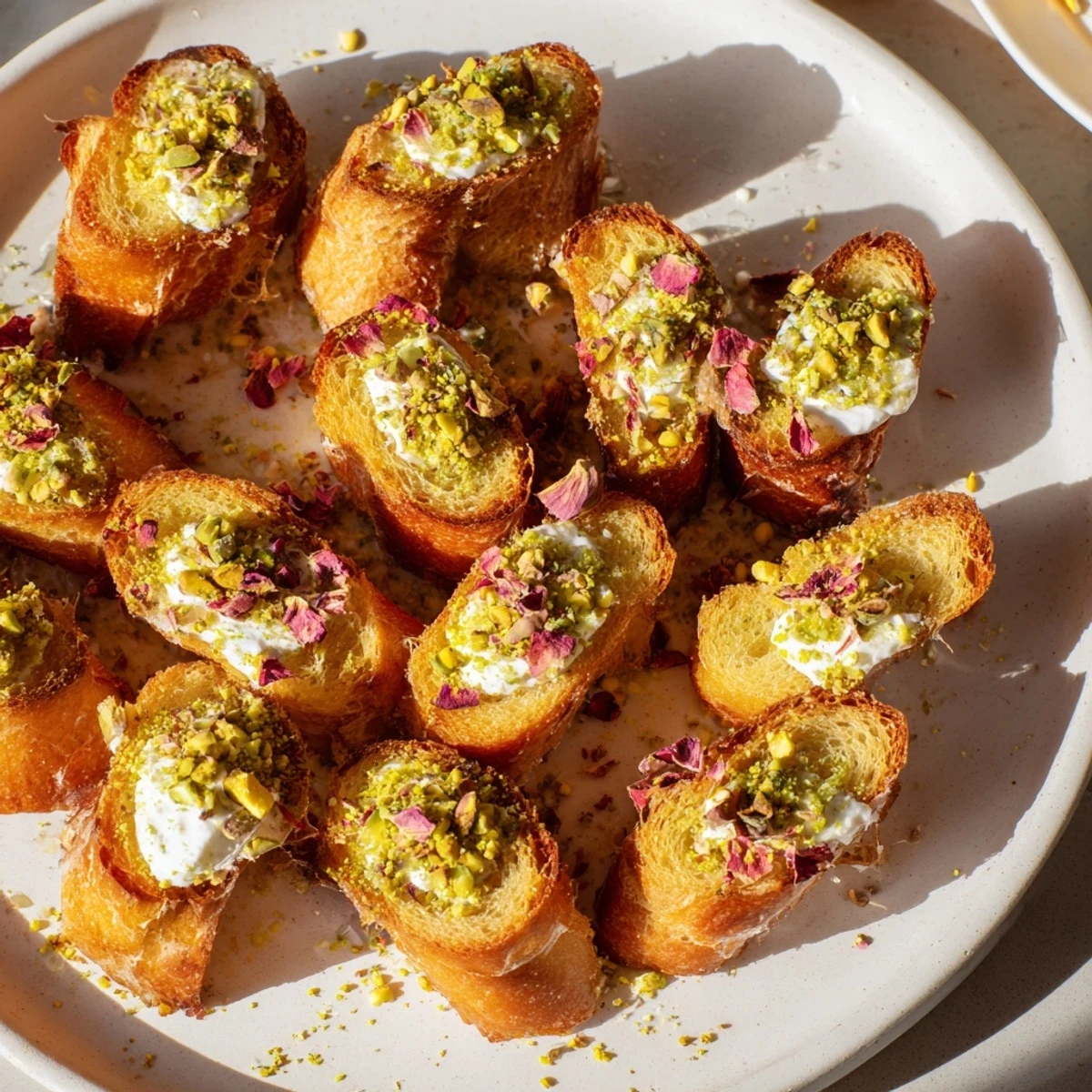 Golden-brown Festive Pomegranate and Goat Cheese Crostini topped with vibrant red pomegranate and fresh mint.