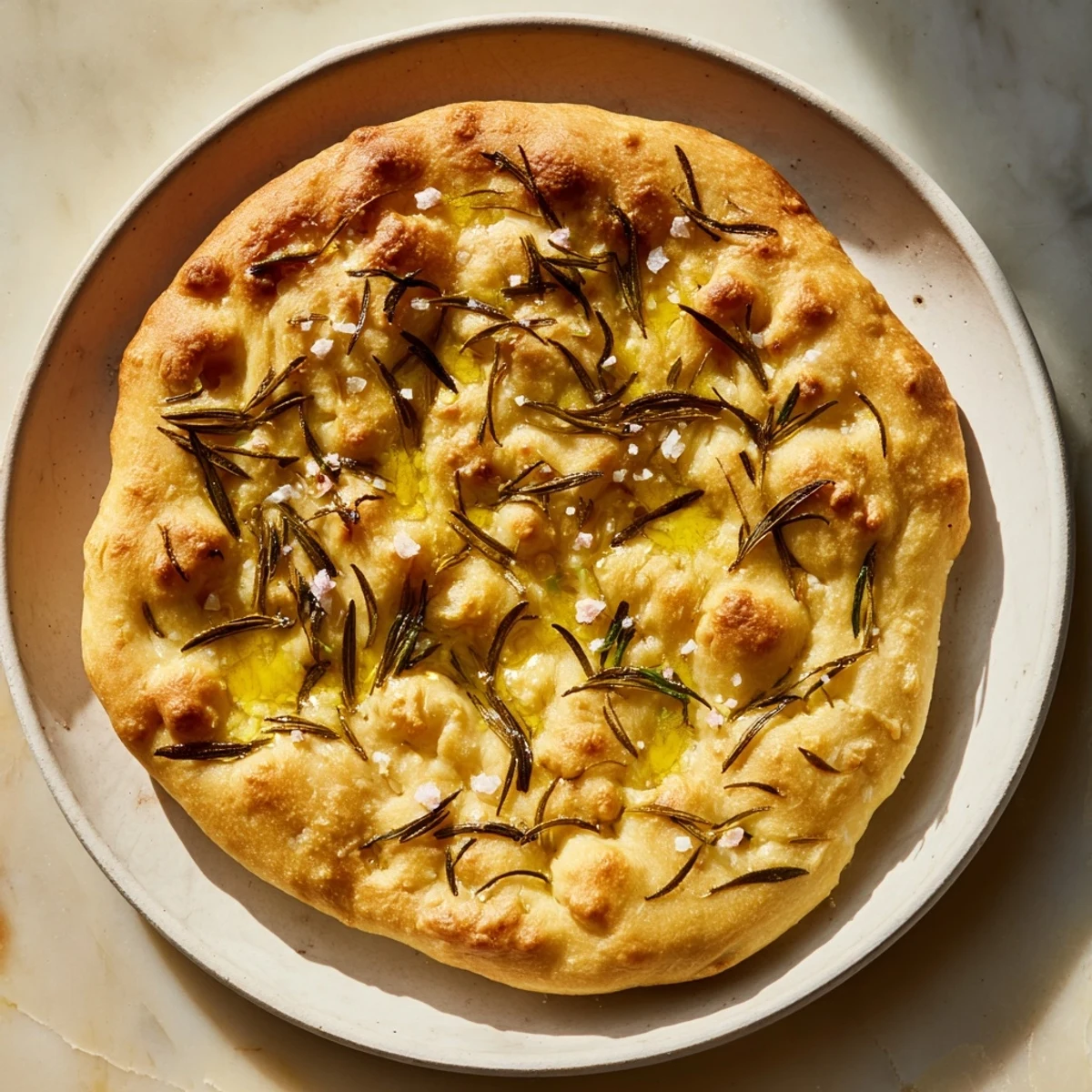 Golden, bubbly Simple Homemade Focaccia with Rosemary, dusted with sea salt and ready to be sliced.