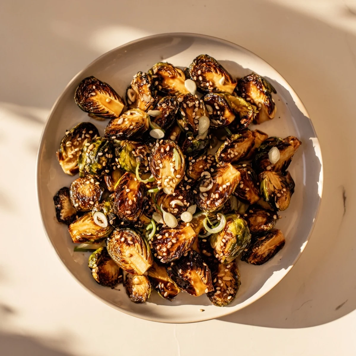 Crispy Honey-Soy Glazed Brussels Sprouts glistening from the oven, offering a sweet & savory side dish.