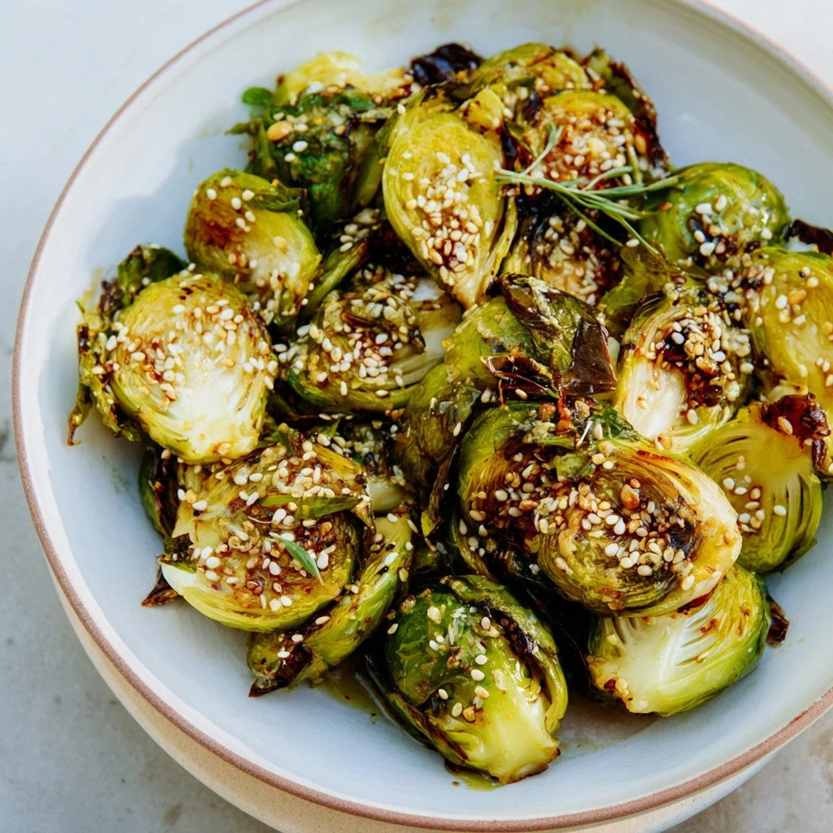 Golden-brown Crispy Honey-Soy Glazed Brussels Sprouts, perfectly caramelized with a sesame seed garnish.