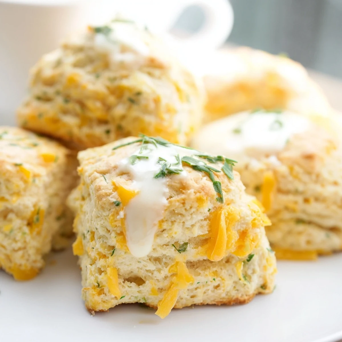 Buttery, golden brown Golden Cheddar and Chive Scones, flecked with green chives and sharp cheddar.