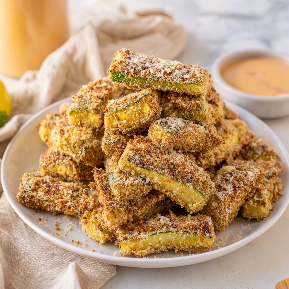 Golden-brown crispy baked zucchini rounds served with creamy, spicy mayo, ready to eat.