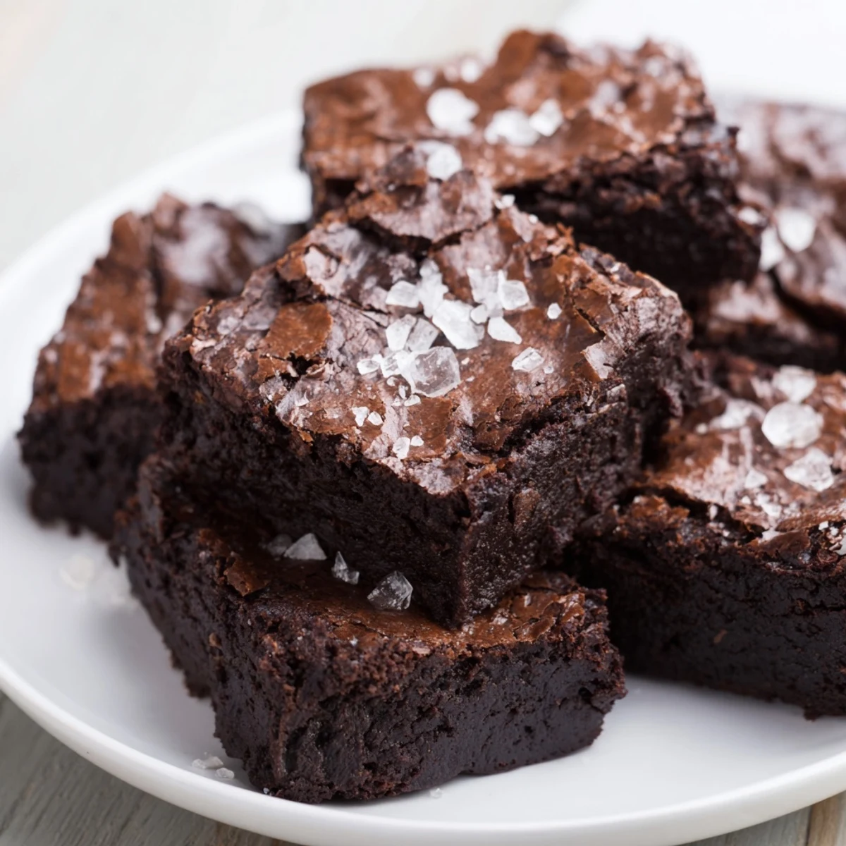 Fudgy, dark chocolate and sea salt brownies, sprinkled with flaky salt, ready to be enjoyed.