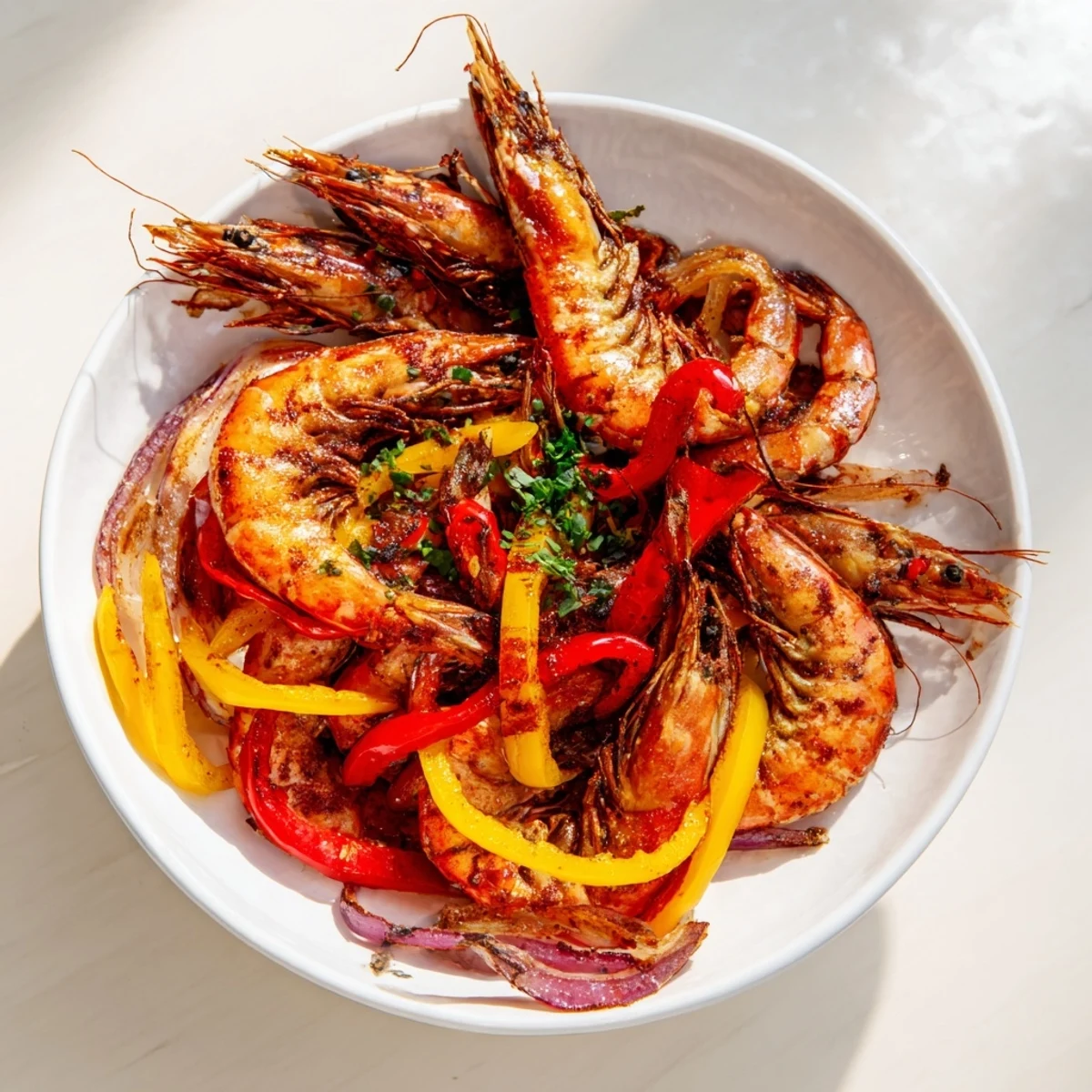 Golden-brown Easy Sheet Pan Shrimp Fajitas with peppers, ready to be wrapped in a warm tortilla.