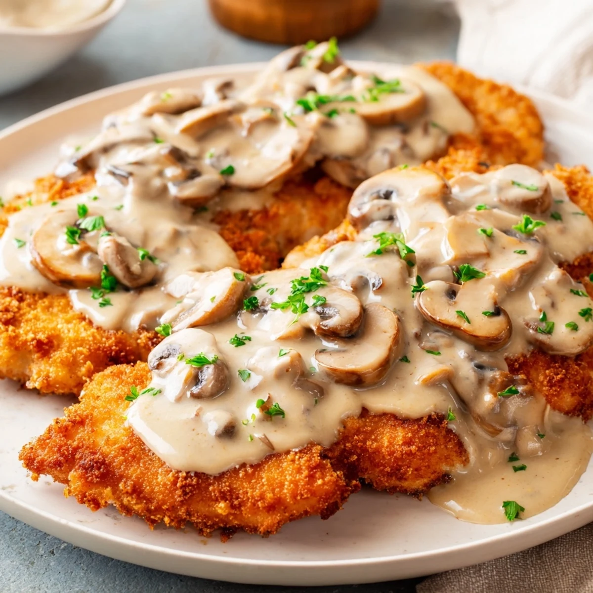 Skillet-Seared Chicken Breast with Mushroom Cream Sauce, golden-brown and glistening, ready to eat with a creamy sauce.