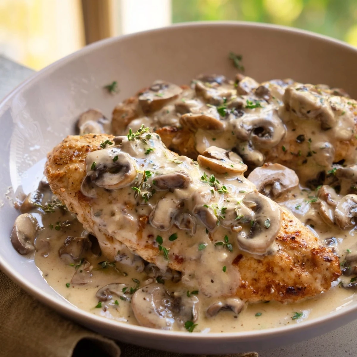 Savor the aroma of a delicious Skillet-Seared Chicken Breast, swimming in a rich mushroom cream sauce.