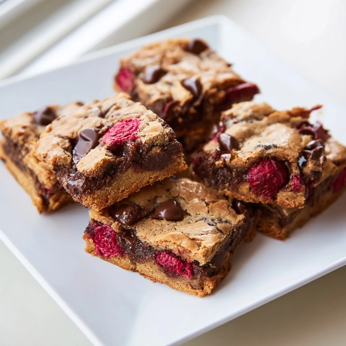 These homemade White Chocolate and Raspberry Blondies feature golden edges and a soft, chewy interior, a sweet treat.