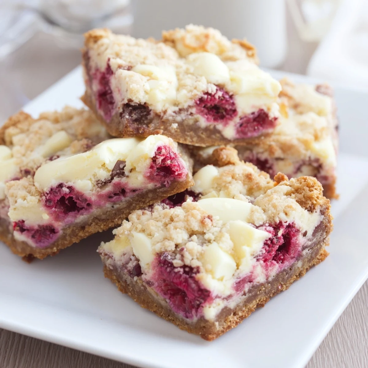 Close-up shot shows decadent White Chocolate and Raspberry Blondies, perfectly baked with vibrant raspberry pieces.