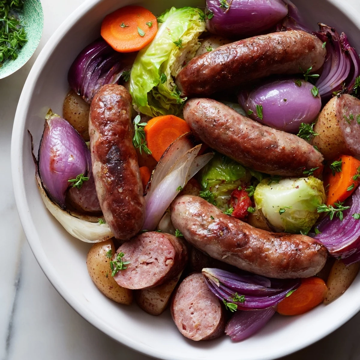A golden-brown All-in-One Pan Sausage and Cabbage bake, perfectly roasted with tender vegetables.