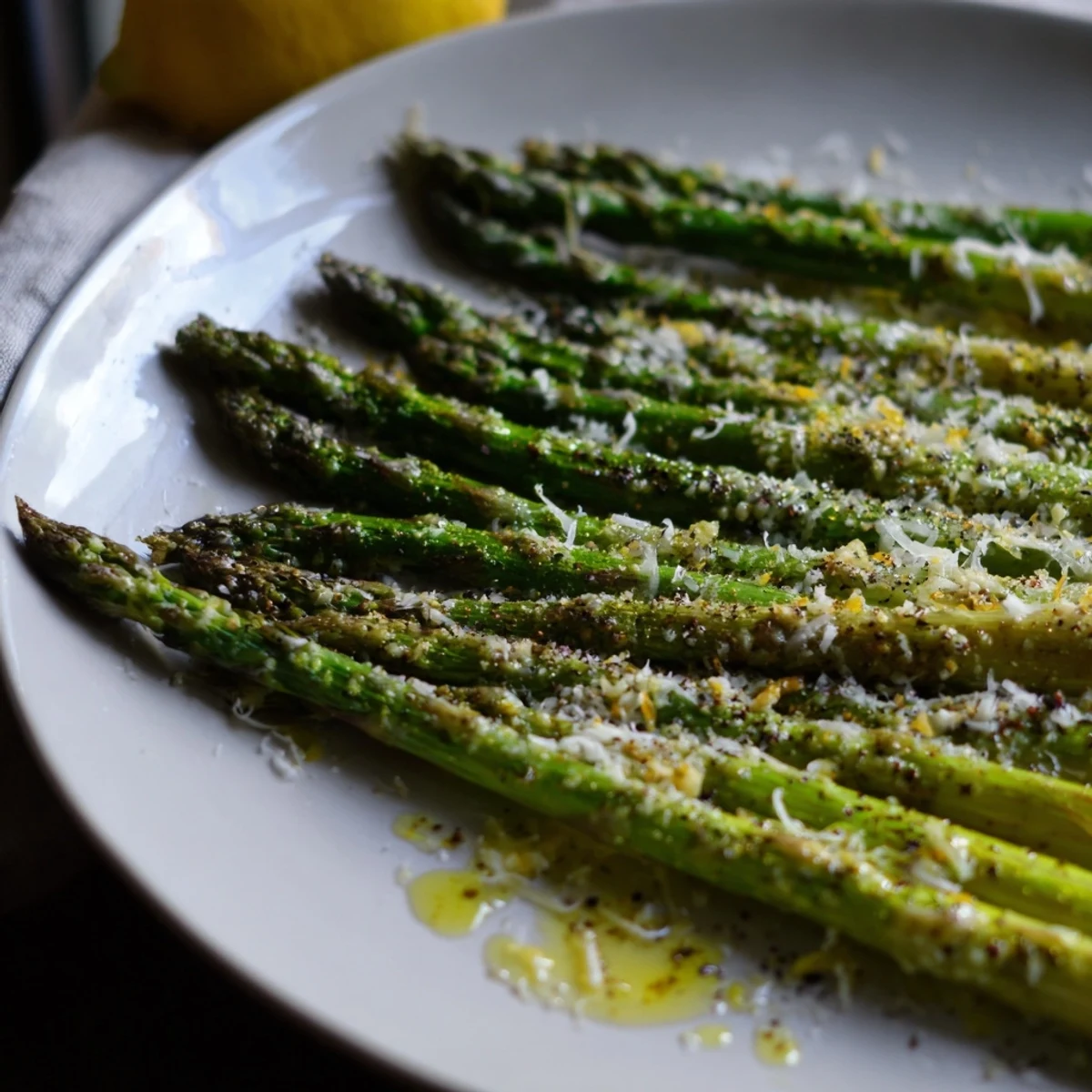 Golden roasted asparagus with Parmesan cheese and bright lemon zest, ready to serve as a side.