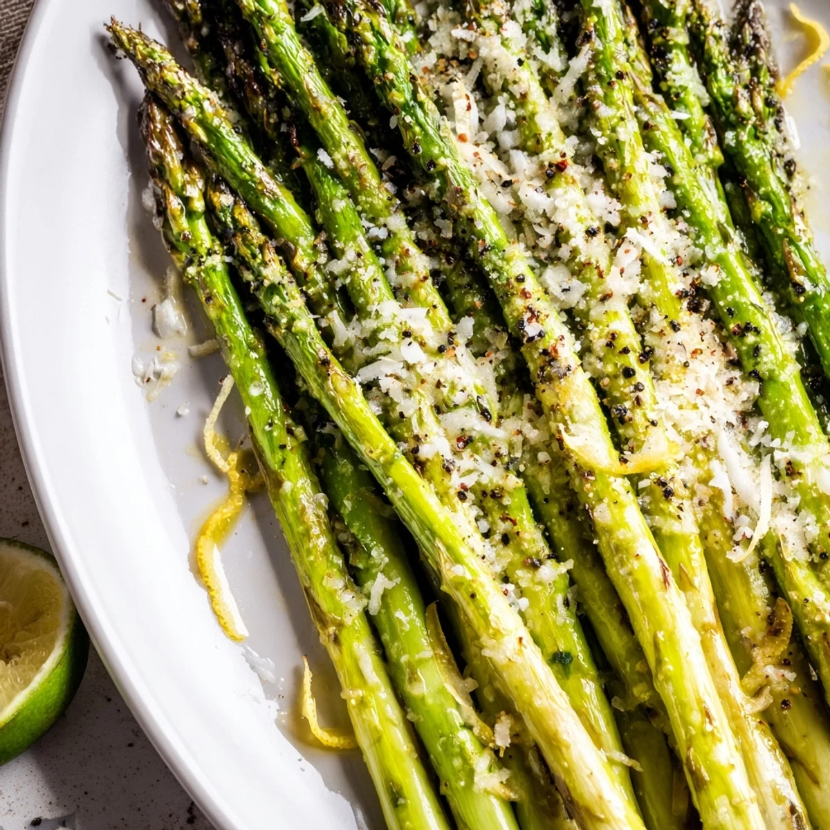 A vibrant close-up of roasted asparagus topped with fresh Parmesan and a squeeze of lemon.