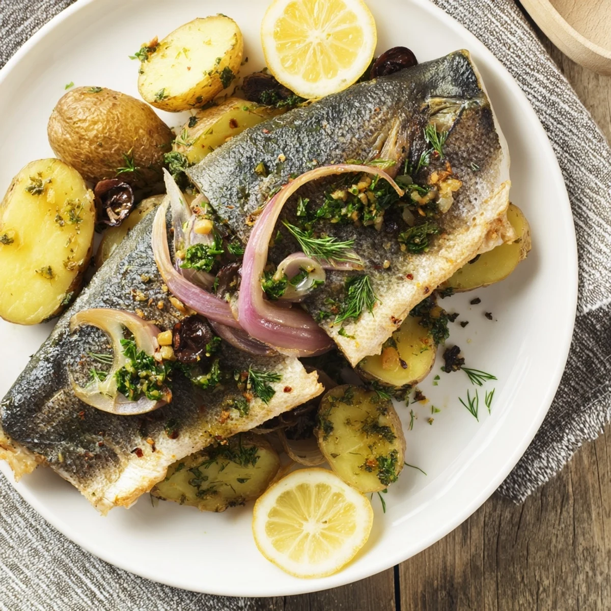 Golden-brown one-tray baked trout, tender with roasted vegetables and fragrant garlic.