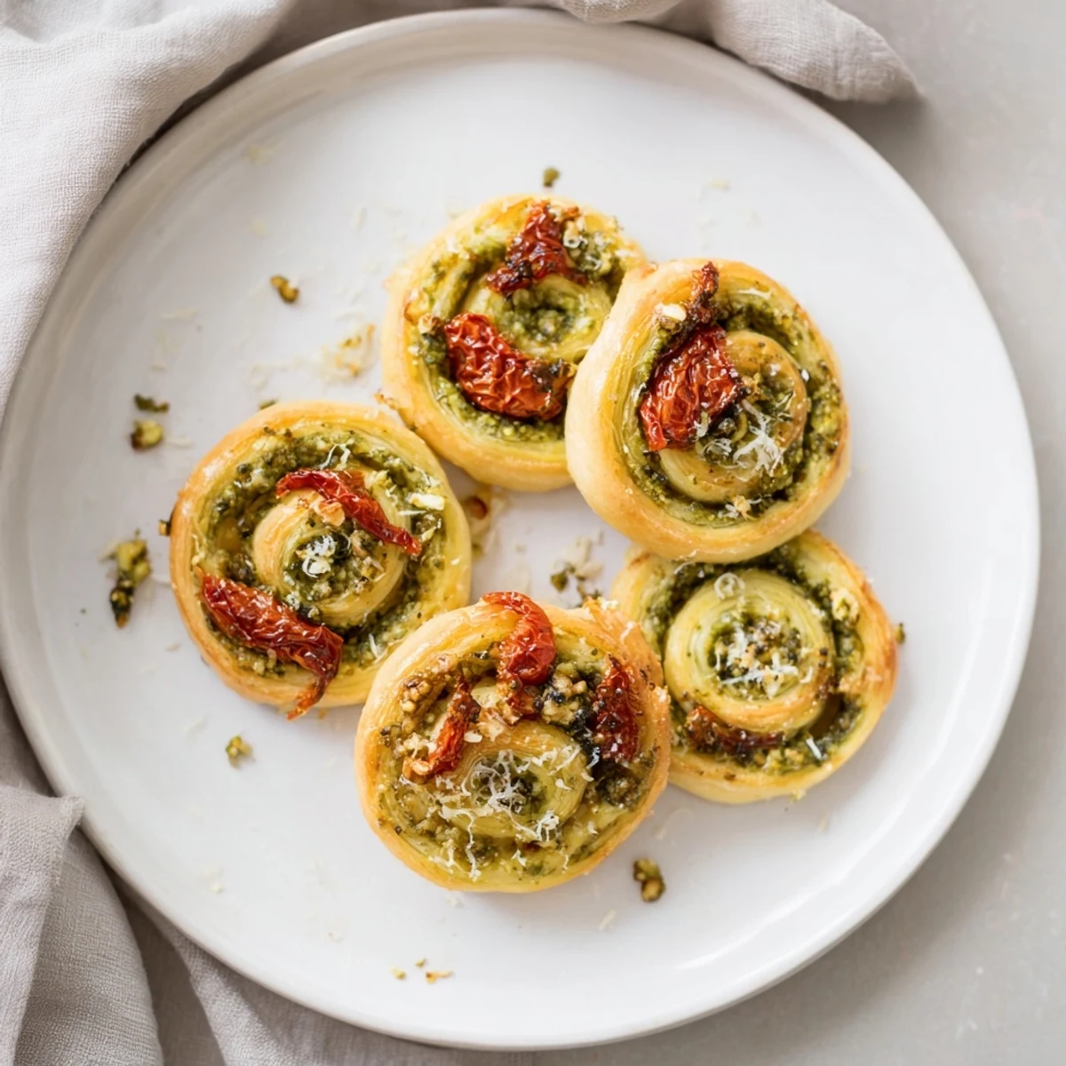 Enjoy warm, delicate Sun-Dried Tomato and Pesto Palmiers, perfect as an appetizer or quick snack.