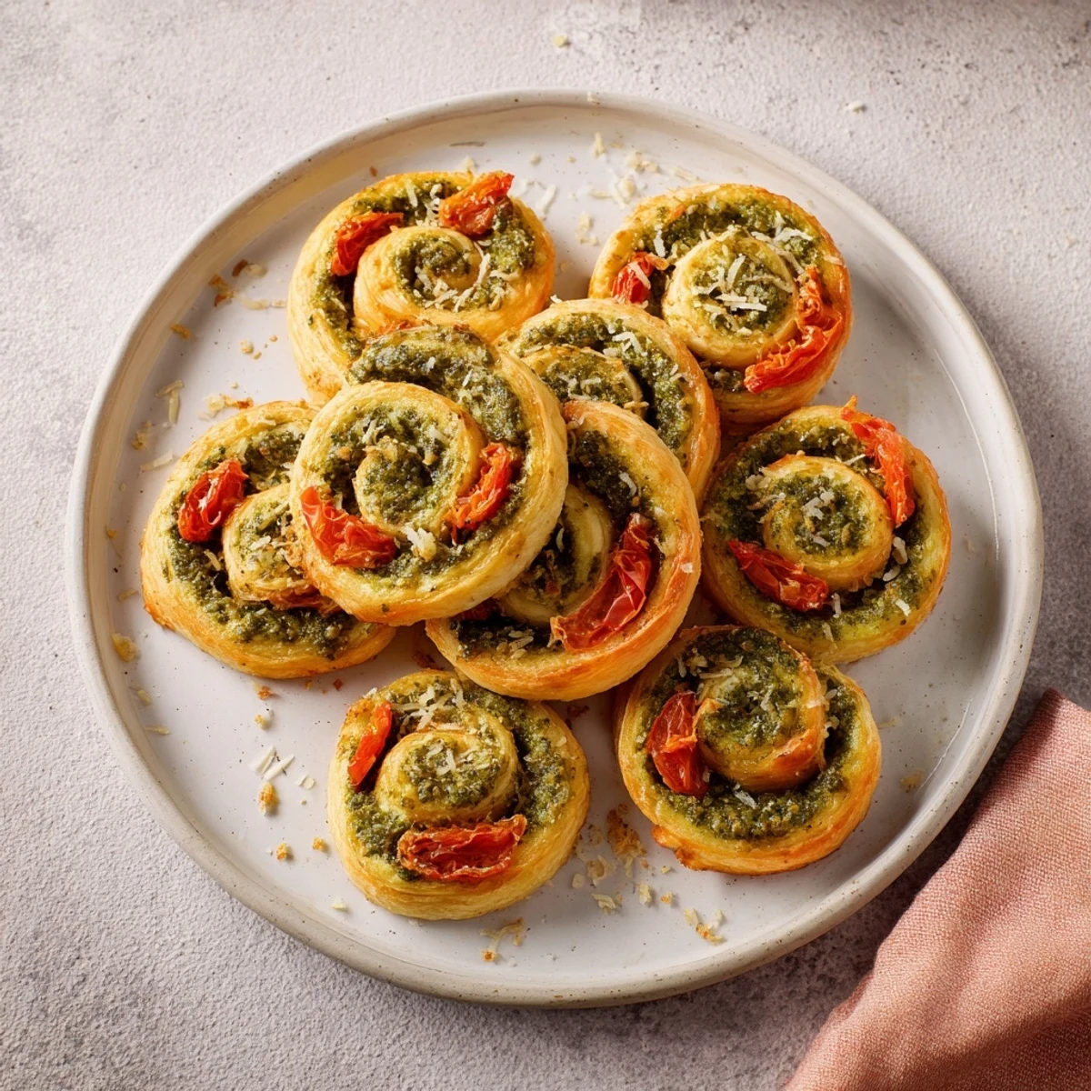 These delicious Sun-Dried Tomato and Pesto Palmiers feature a crispy pastry spiral with savory pesto.
