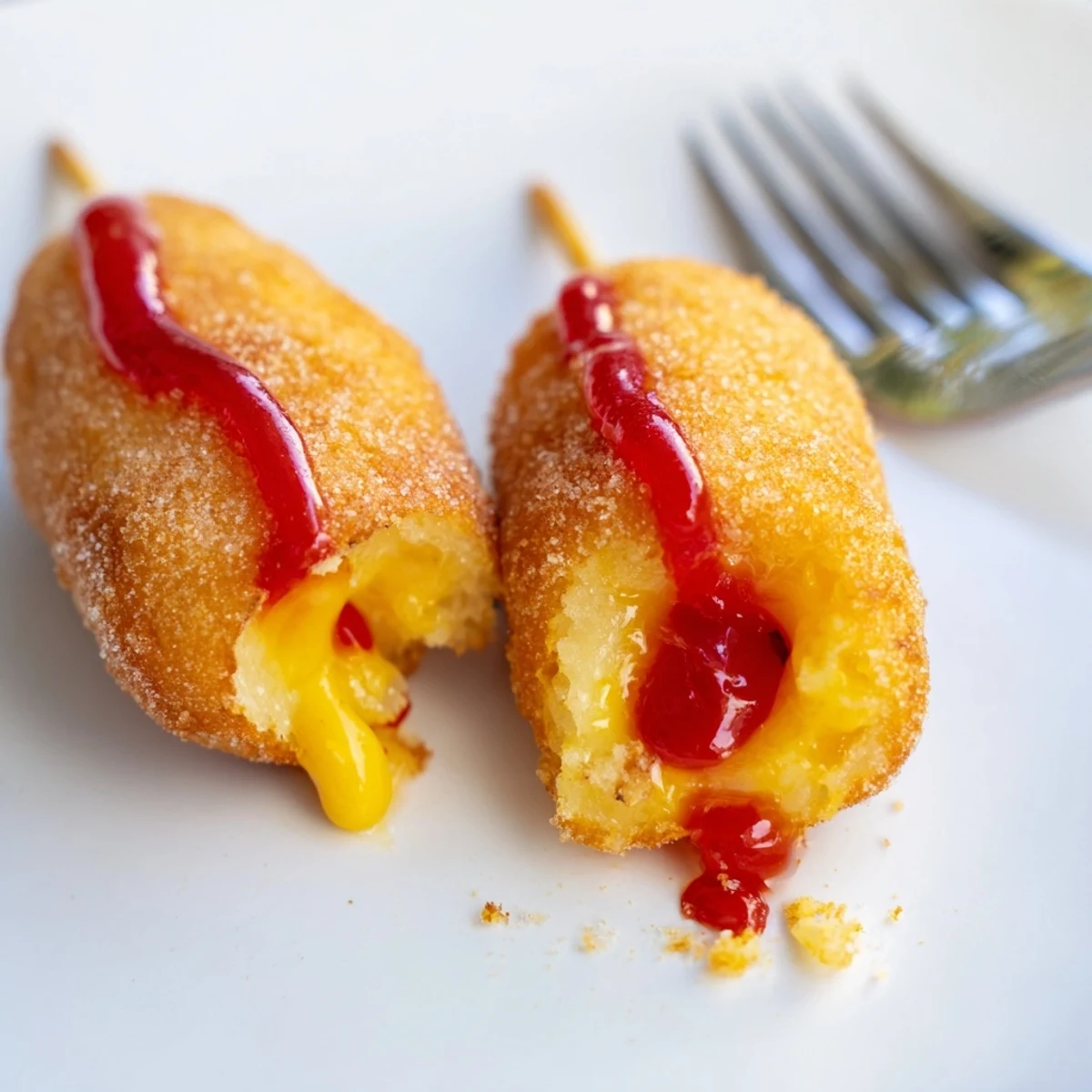 Golden-brown Cheesy Korean Corn Dogs, freshly fried and drizzled with sweet sugar, ready to eat.