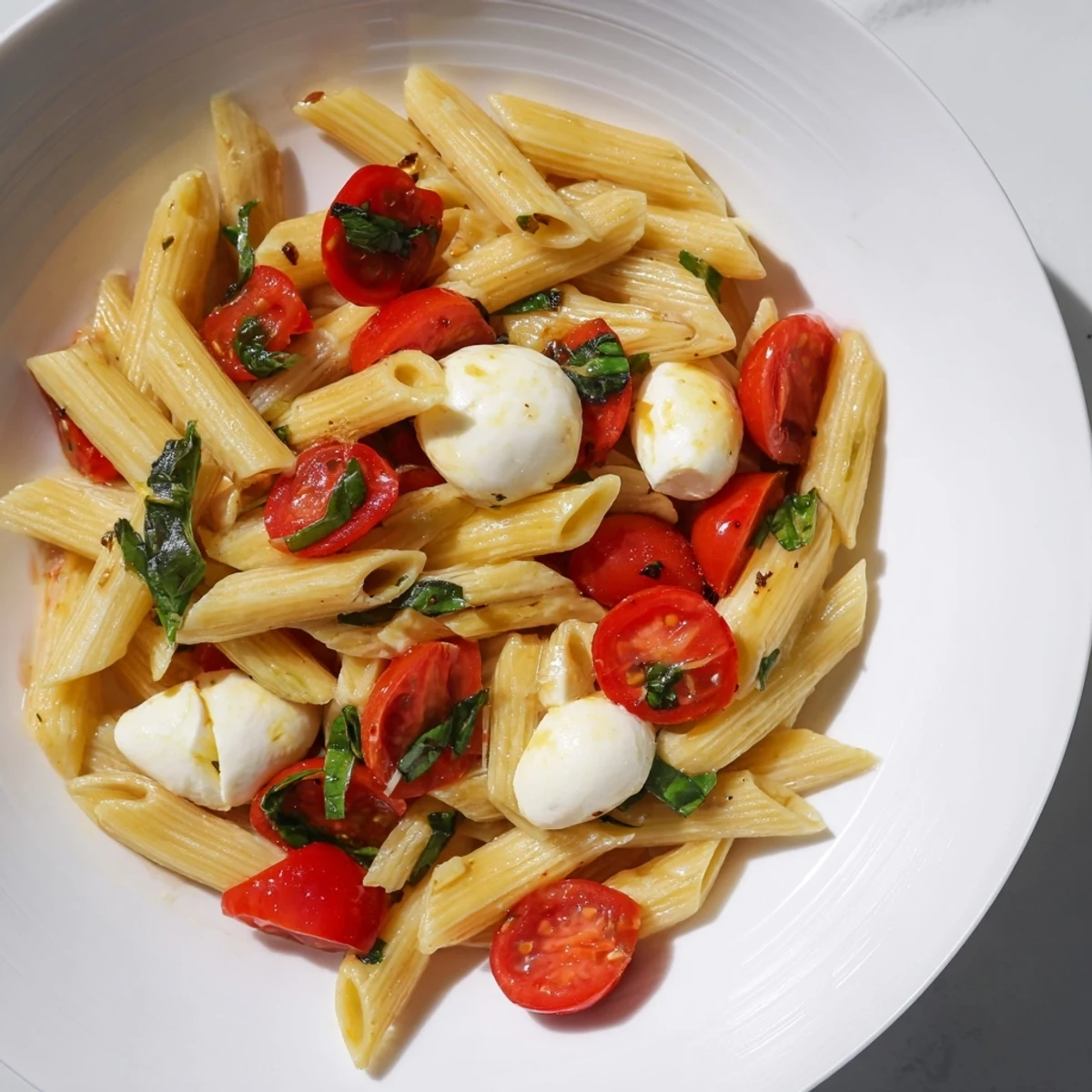 Caprese Pasta Salad, a colorful mix of tomatoes, mozzarella, and basil, ready to serve.
