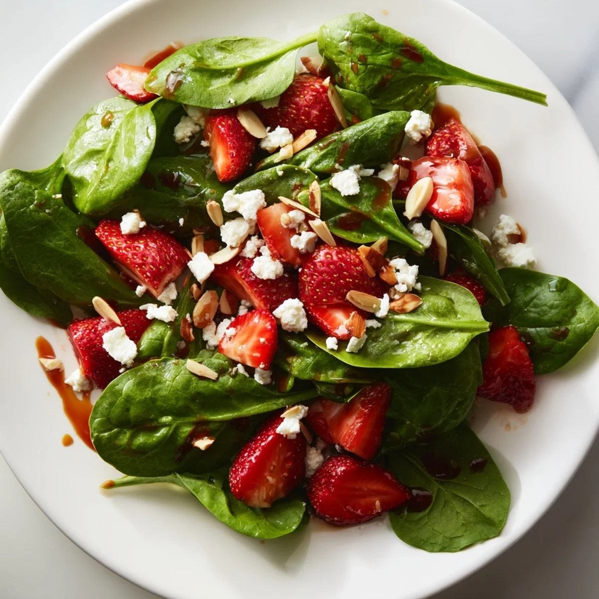 Fresh, vibrant Strawberry Spinach Salad featuring sliced strawberries, feta, and toasted almonds, ready to enjoy.
