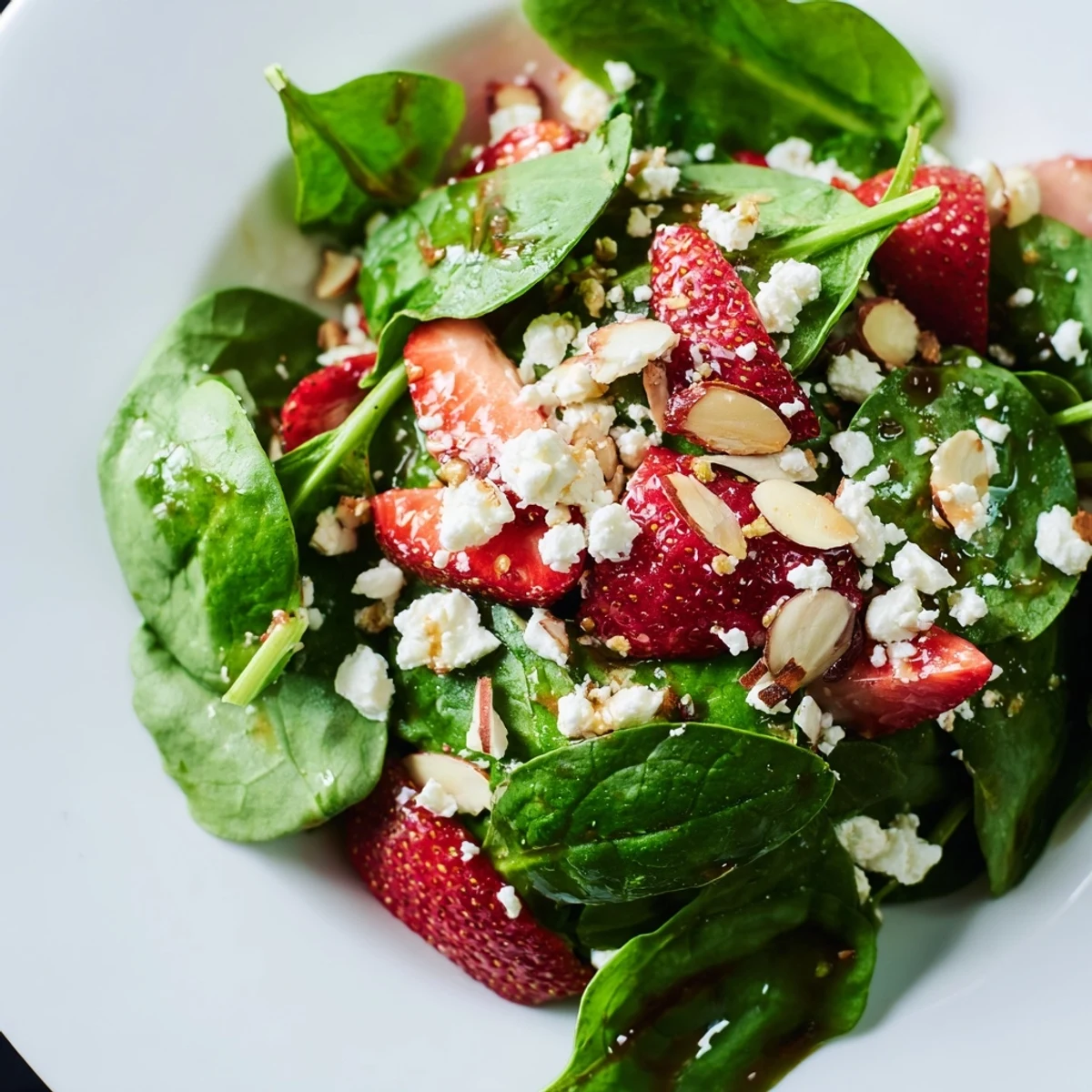 A light, healthy Strawberry Spinach Salad with colorful strawberries and creamy feta; perfect for summer.