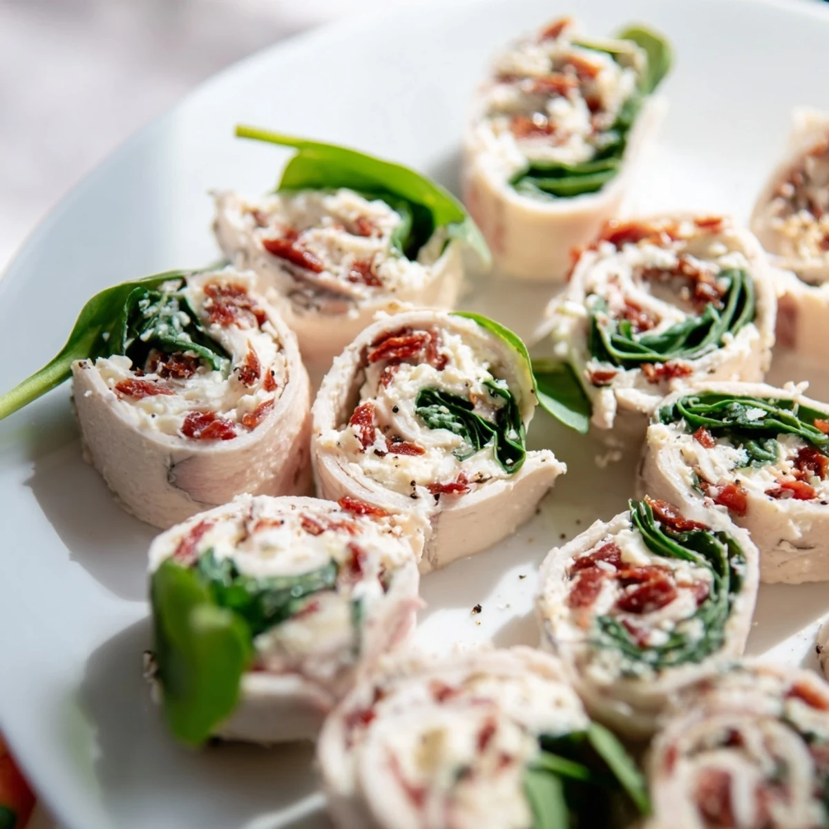 Delicious Sun-Dried Tomato Turkey Roll-Ups filled with spinach, ideal appetizer or fast lunch suggestion.