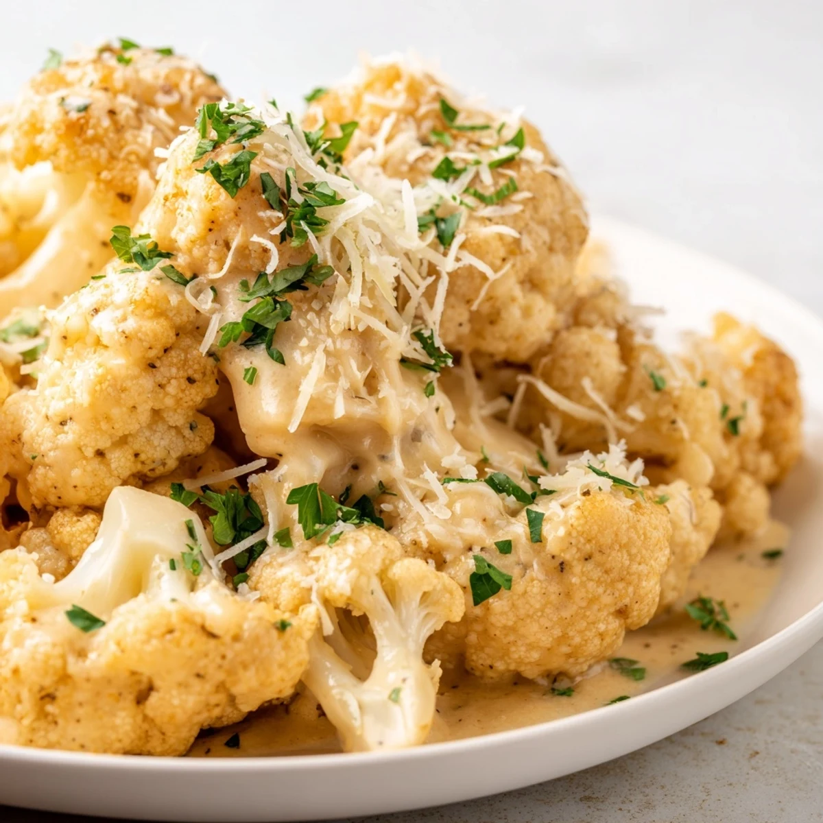 A close-up of bubbly Cheesy Cauliflower Mac with a golden brown, cheesy topping and parsley.