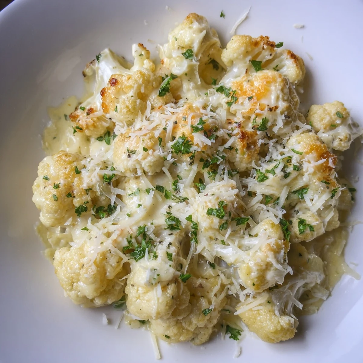 Creamy, cheesy sauce coats roasted cauliflower in this comforting low-carb Cheesy Cauliflower Mac recipe.