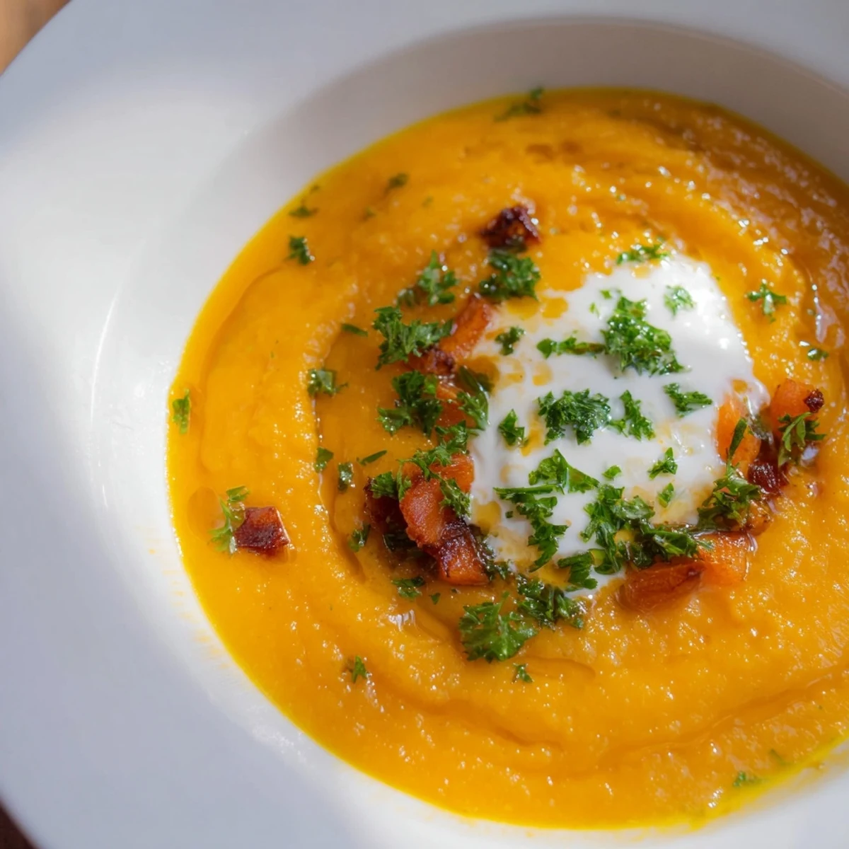 Golden-orange Sweet Maple Carrot Soup with a creamy texture, perfect for a cozy supper.