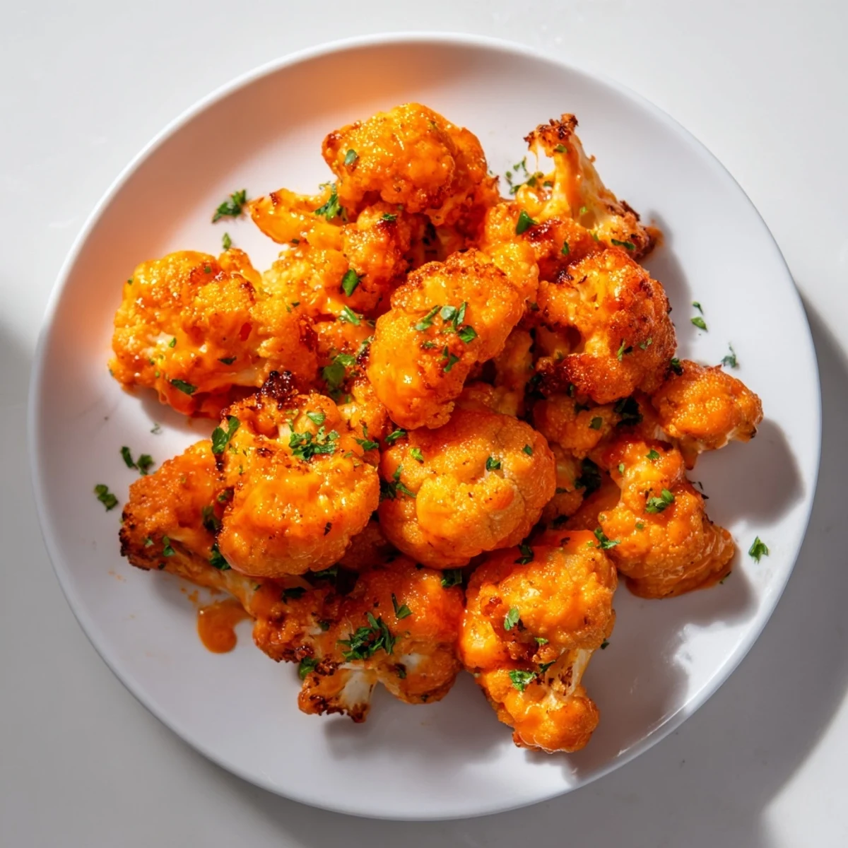 Golden-brown, crispy Buffalo Cauliflower Bites ready to be dipped and enjoyed as a party snack.
