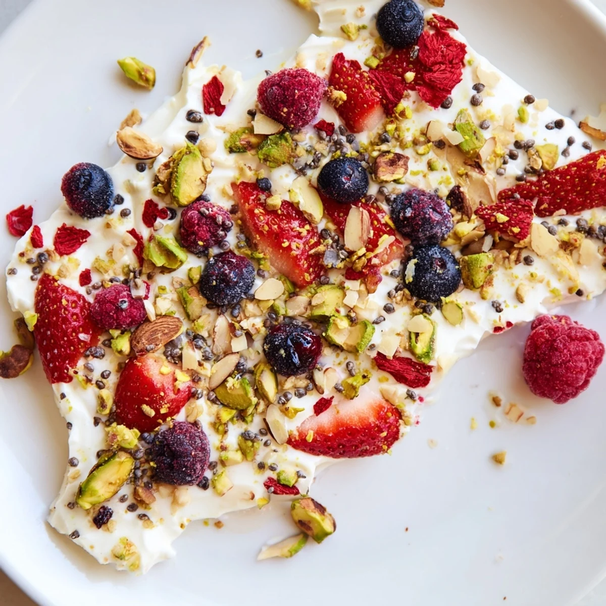 Delicious and healthy frozen fruit yogurt bark, bursting with fresh berries and creamy yogurt.