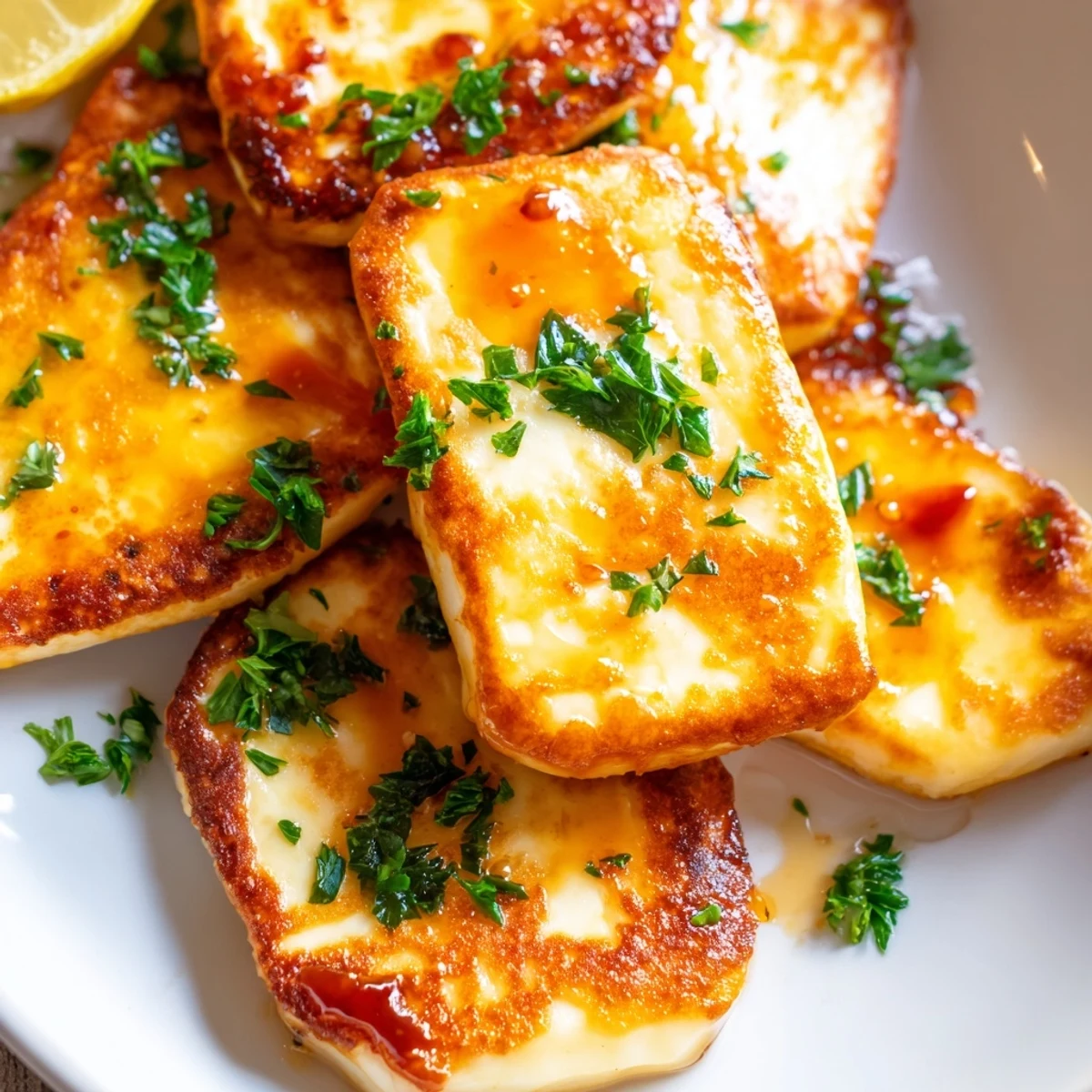 Savory and sweet: the vibrant red Hot Honey Halloumi ready to enjoy.