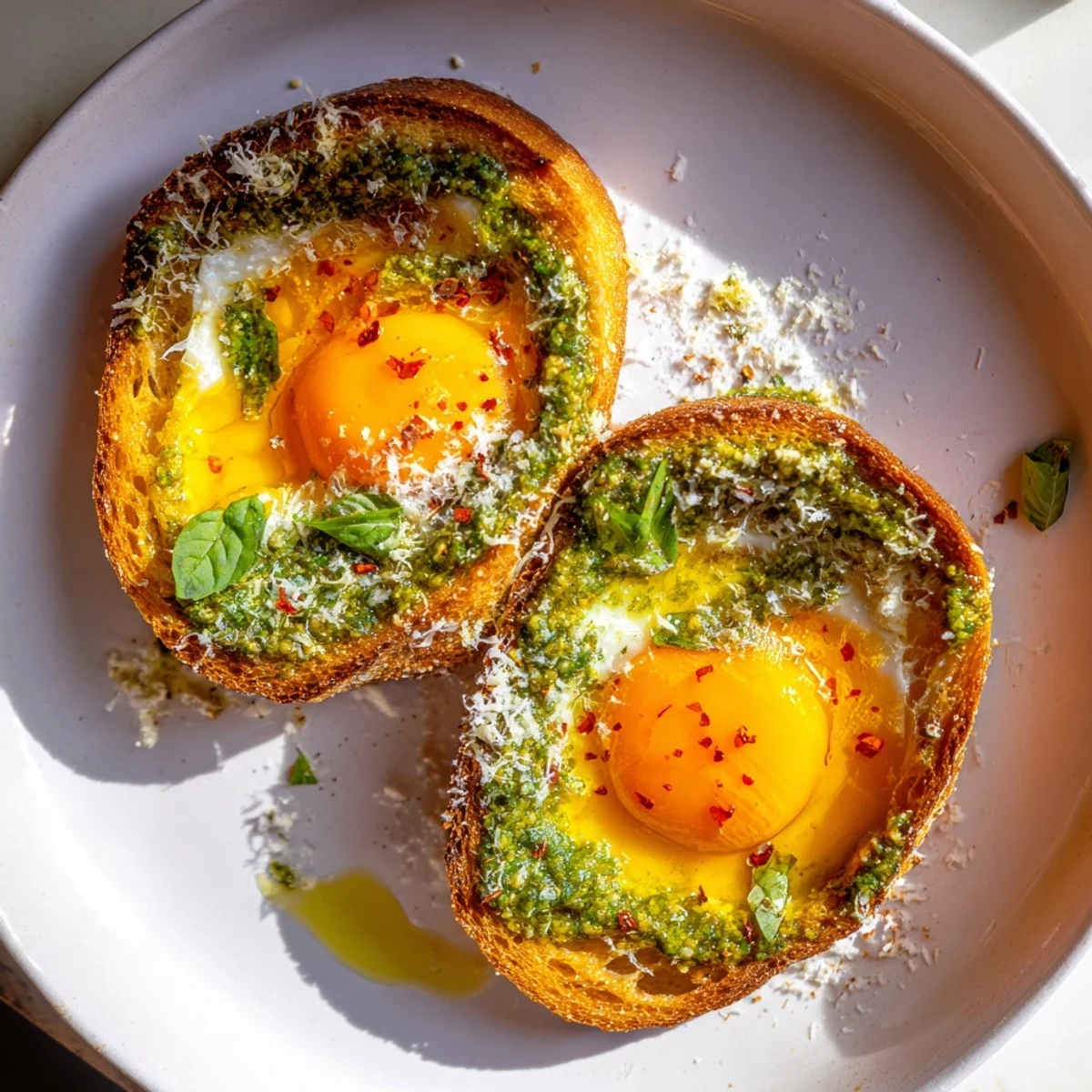 Warm pesto egg toast with perfectly jammy yolks, ready for a delicious breakfast.