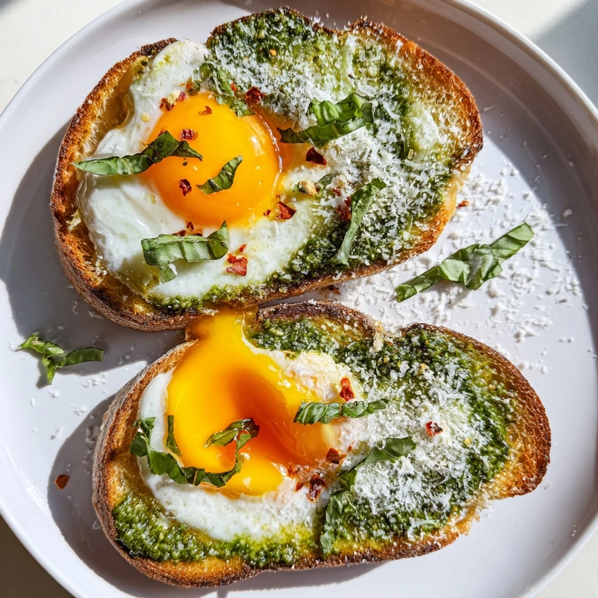 Creamy basil pesto covers toasted bread, topped with a sliced egg for savory pesto egg toast enjoyment.
