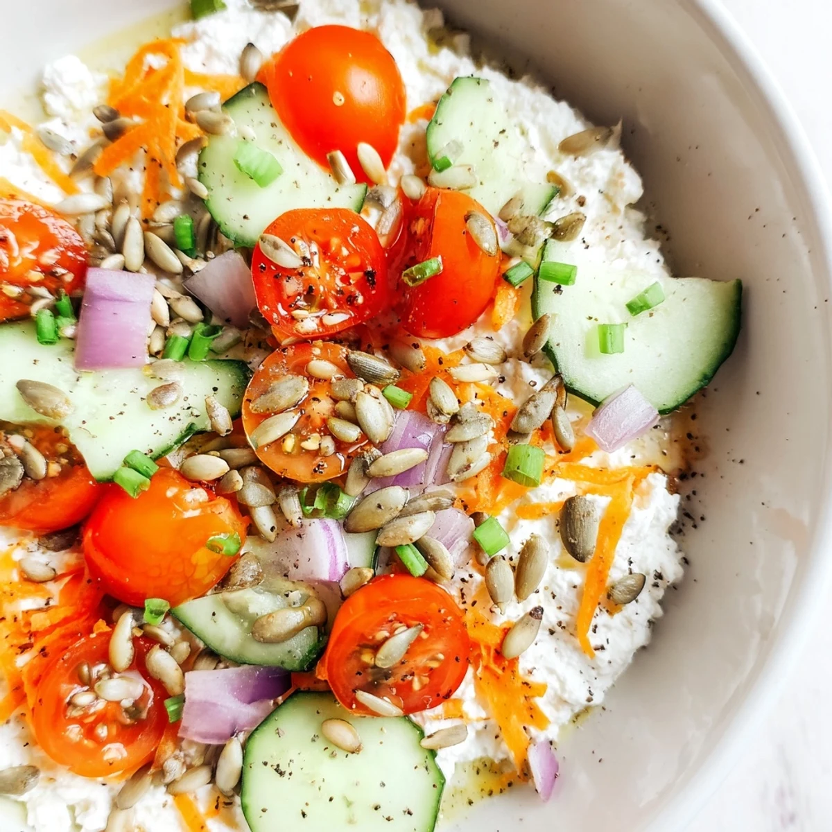 Vibrant Cottage Cheese Snack Bowl layered with fresh veggies, herbs, and crunchy sunflower seeds.
