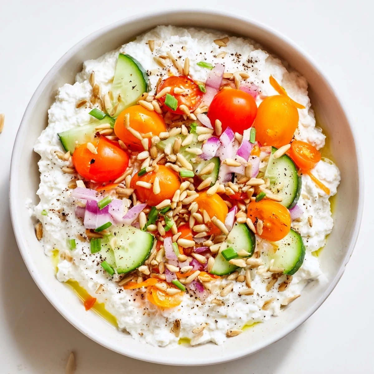 Savory Cottage Cheese Snack Bowl with diced cucumber and tomatoes, drizzled with olive oil and spices.