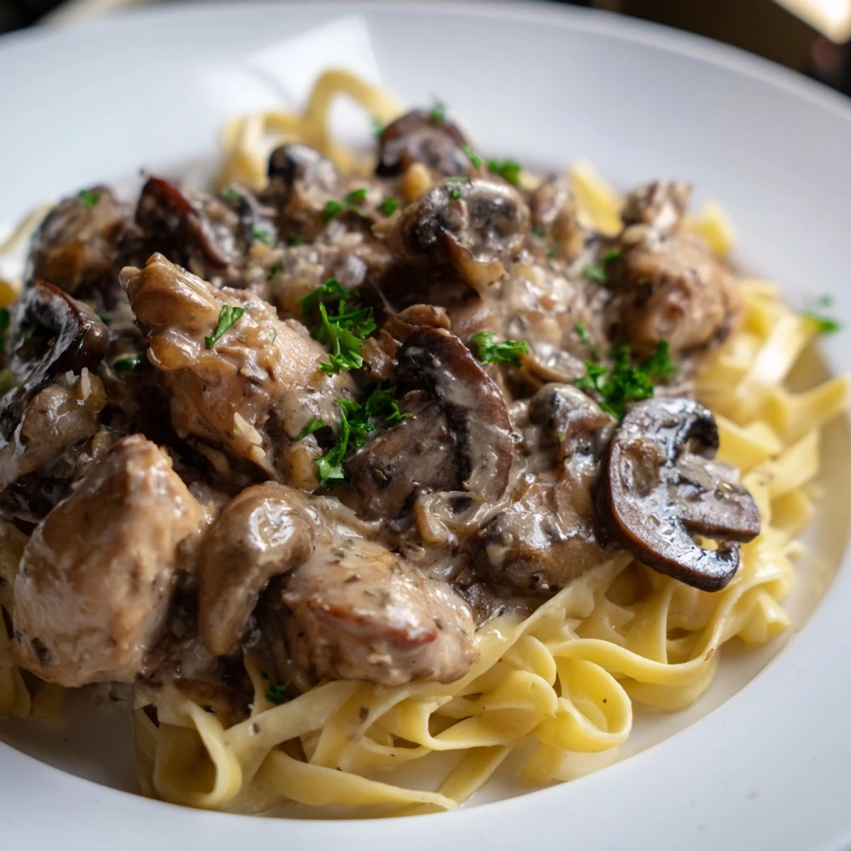 Creamy Mushroom Chicken Pasta offers tender chicken and pasta drenched in a rich, velvety sauce.