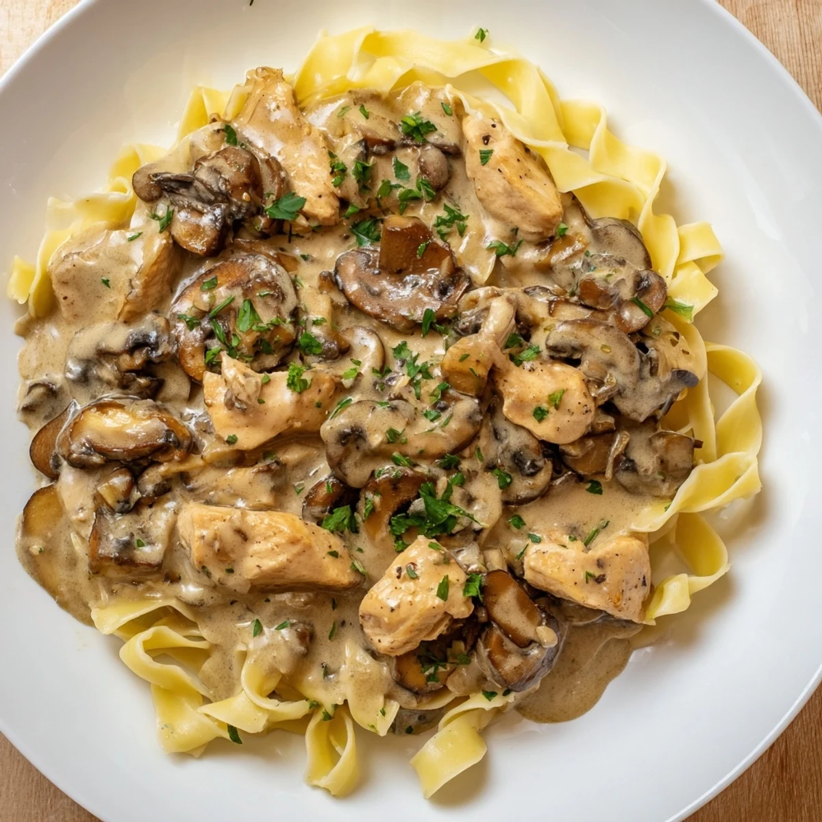 The photo showcases a bowl of comforting Creamy Mushroom Chicken Pasta, ready for a satisfying dinner.