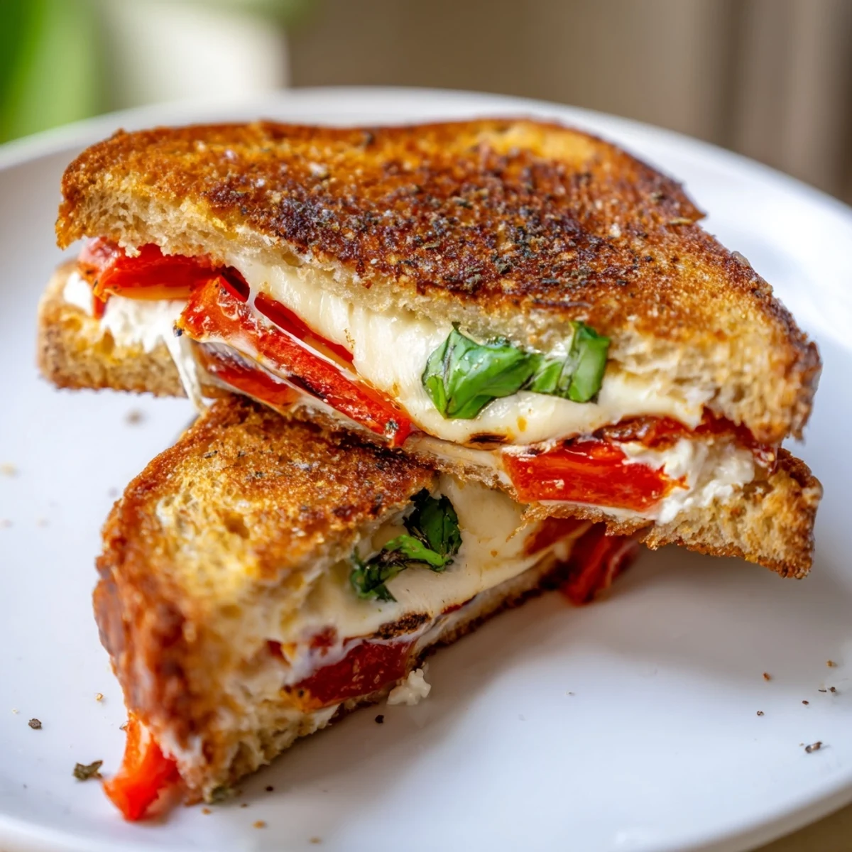 Golden-brown Roasted Red Pepper Grilled Cheese, oozing with melted mozzarella and goat cheese, ready to eat.