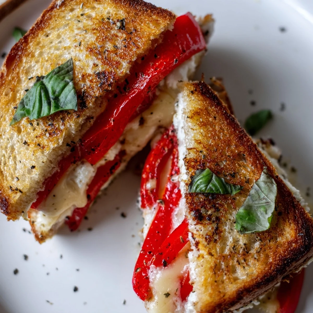 A cross-section of the Roasted Red Pepper Grilled Cheese reveals layers of cheese and peppers, ready to be enjoyed.