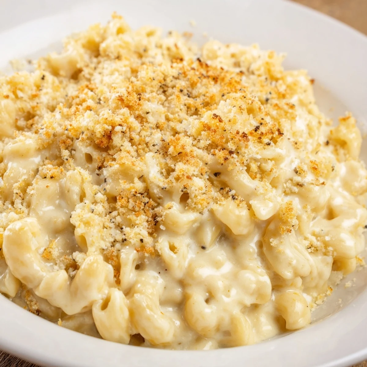 Golden-brown, baked mac and cheese with a bubbly cheese topping, ready to serve and enjoy.