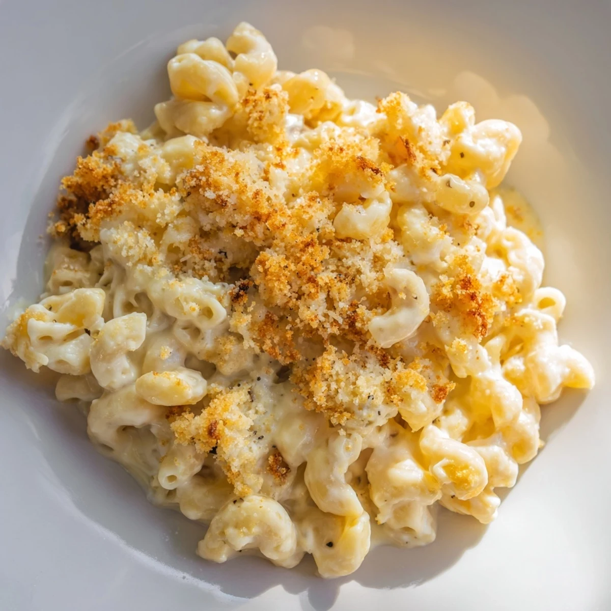 This close-up showcases homemade mac and cheese, featuring a thick, luscious cheese pull.