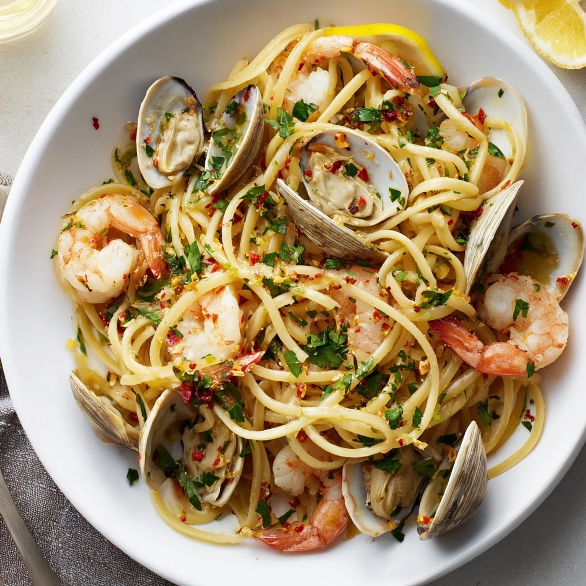 Steaming Seafood Pasta Aglio e Olio with plump shrimp and clams, ready for a flavorful bite.