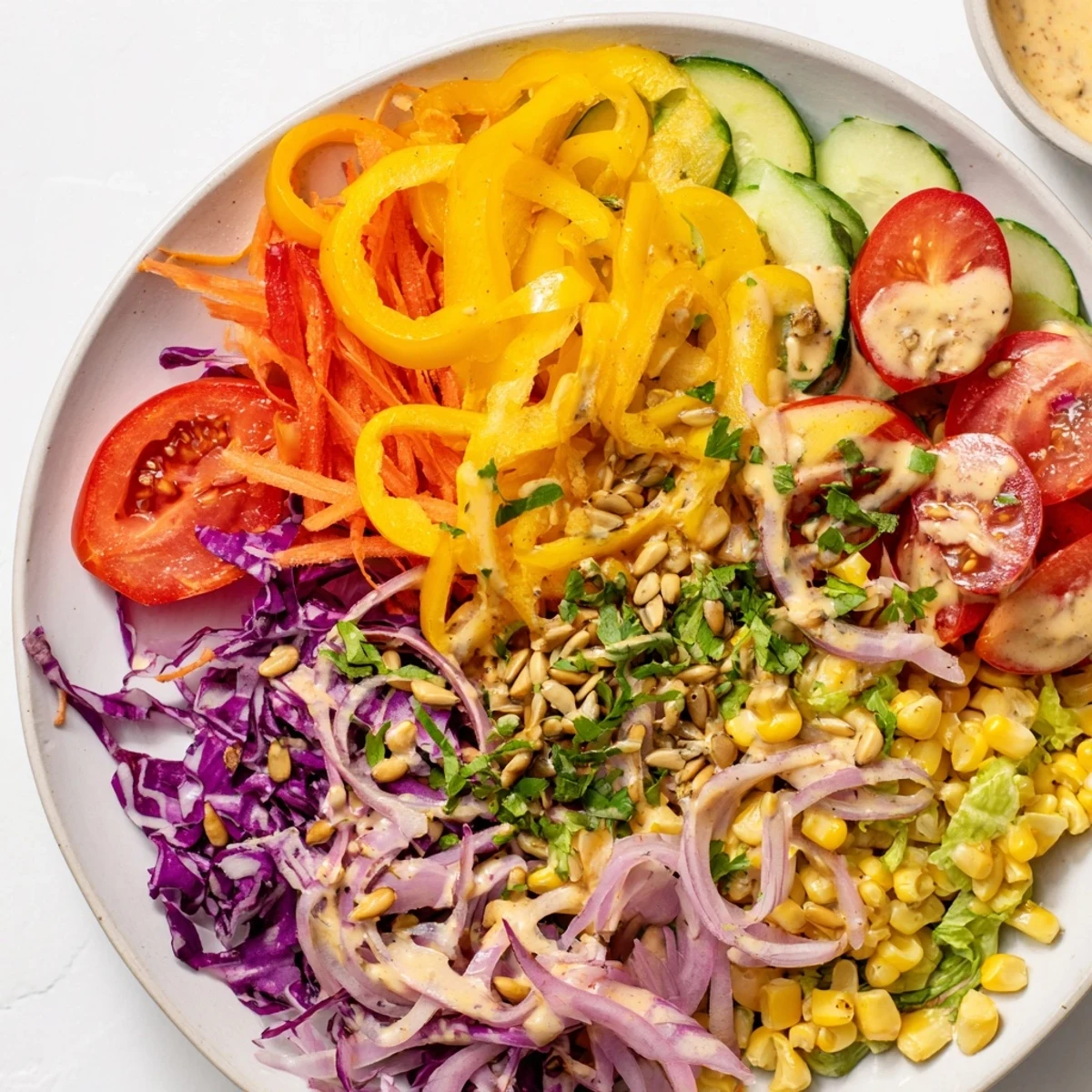 Vibrant Rainbow Salad: a colorful medley of crisp vegetables coated in creamy tahini dressing, ready to enjoy.