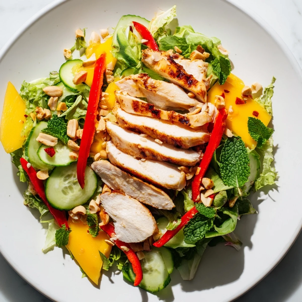 Enjoy the refreshing taste of this Thai Mango Chicken Salad with fresh herbs and peanuts.