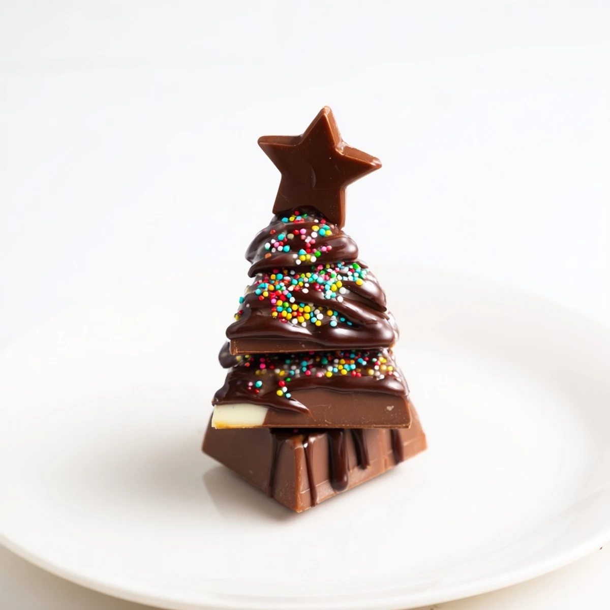 Chocolate Kinder Christmas Trees ready to serve, dripping with dark chocolate and festive sprinkles.