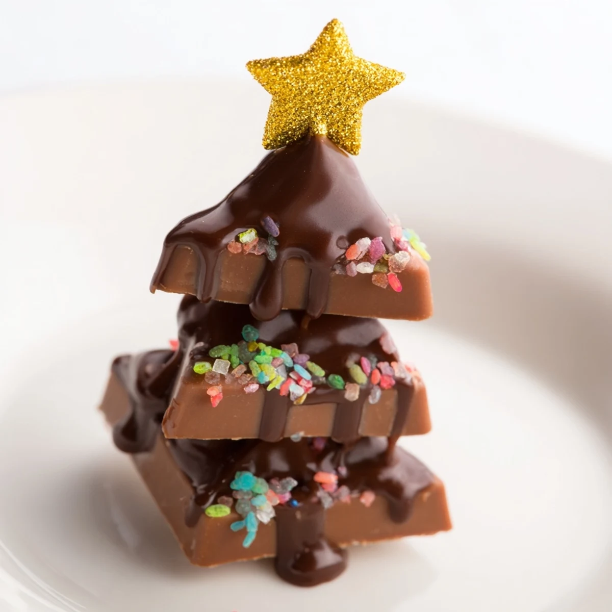 Melted chocolate drizzled over festive Chocolate Kinder Christmas Trees creates a delicious holiday treat.