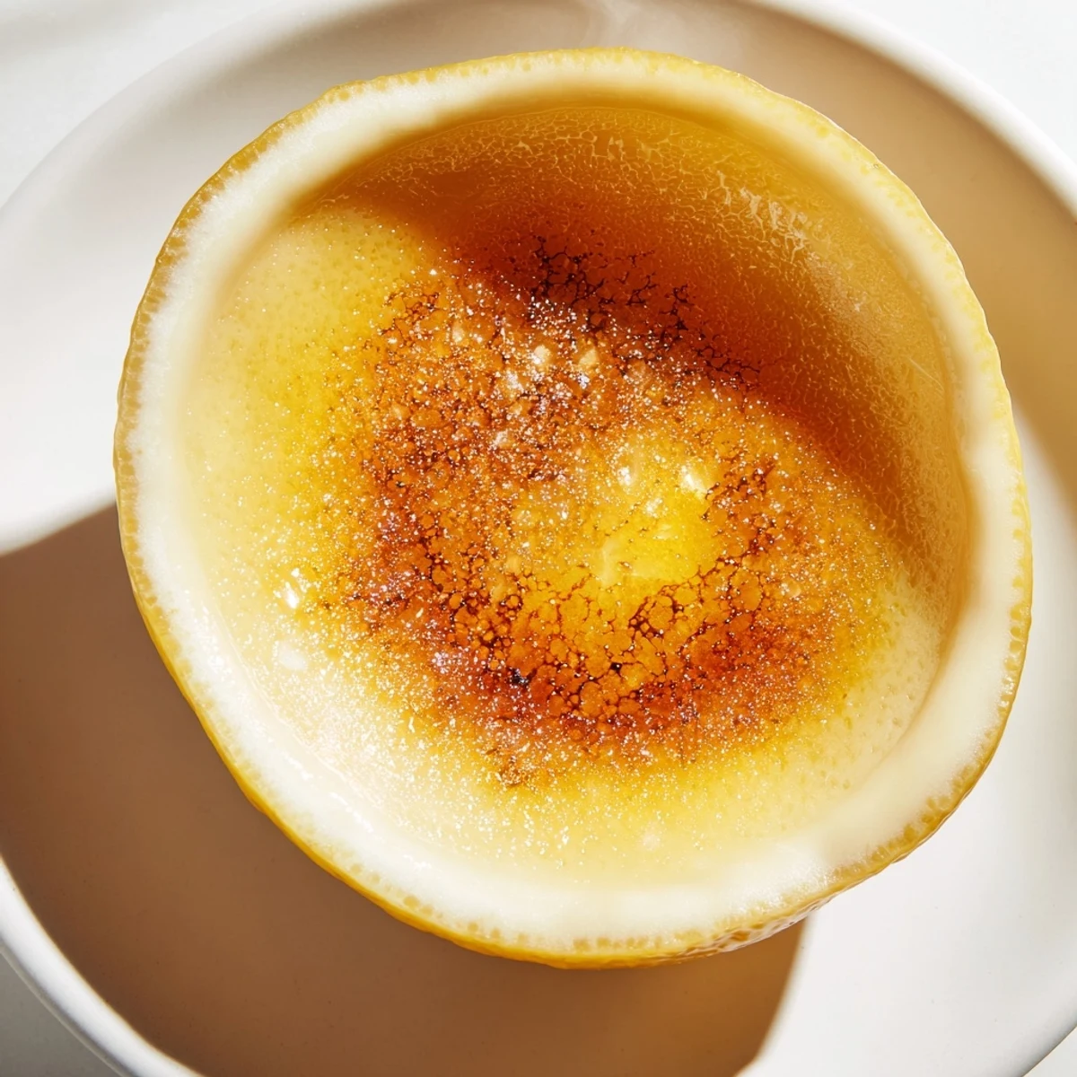 Silky, tangy Lemon Brûlée Posset in lemon shells with a glistening caramelized sugar crust.