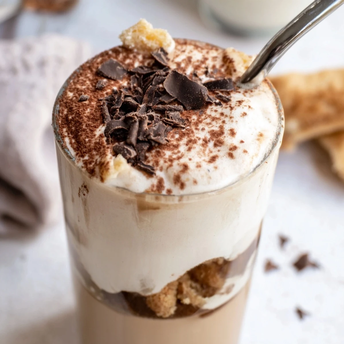 View a close-up of a richly layered Tiramisu Latte, showcasing the biscuit and cream textures.